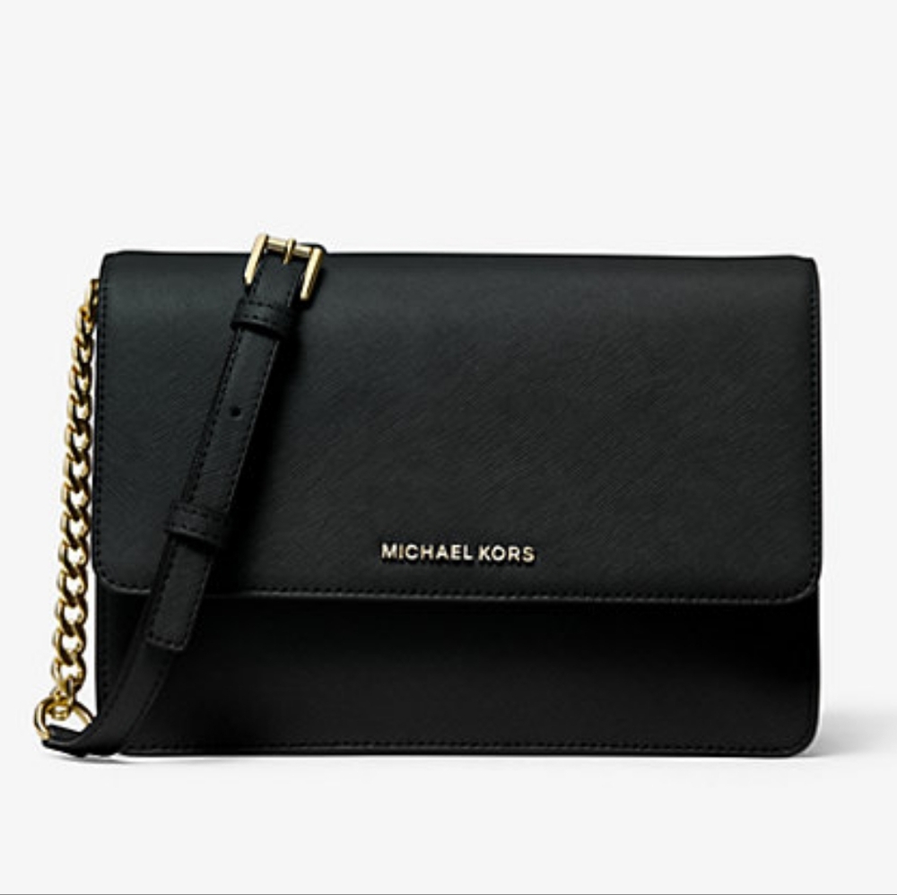 Michael Kors Black Daniela Large Saffiano Leather Crossbody Bag Gold Hardware